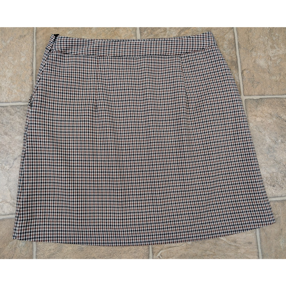 MNG sz M Mini Skirt lined tiny plaid print brown black tan pockets women 0956 - Picture 3 of 4